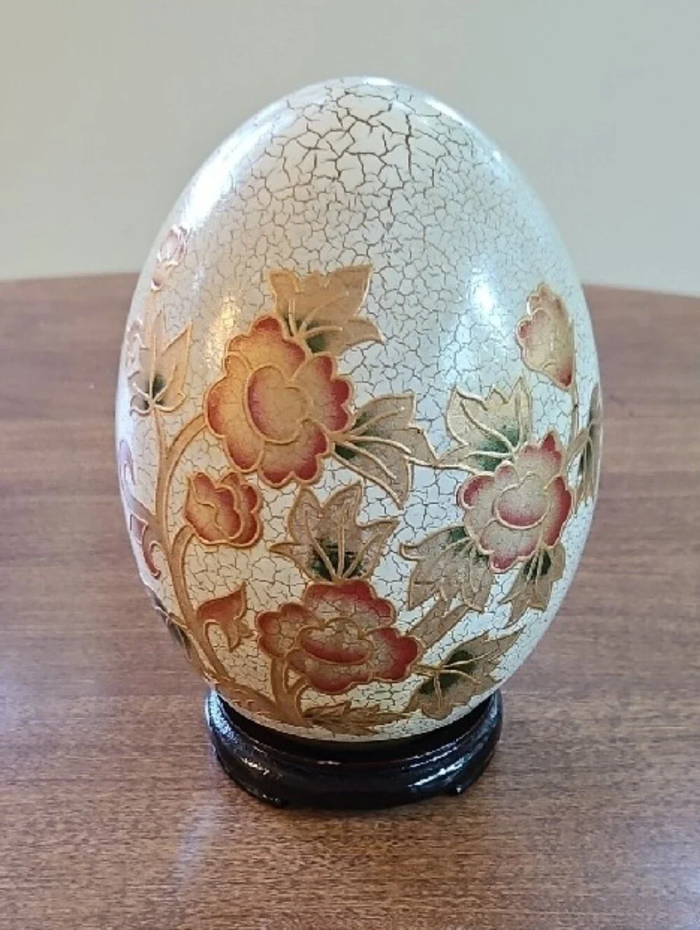 Vtg Satsuma Crackle Glaze Moriage Floral Egg 7” w/ Wood Stand